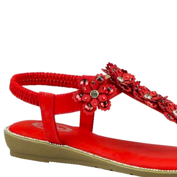Red Flower Italina Rhinestone Thong Wedge Sandal - Picture 8 of 11